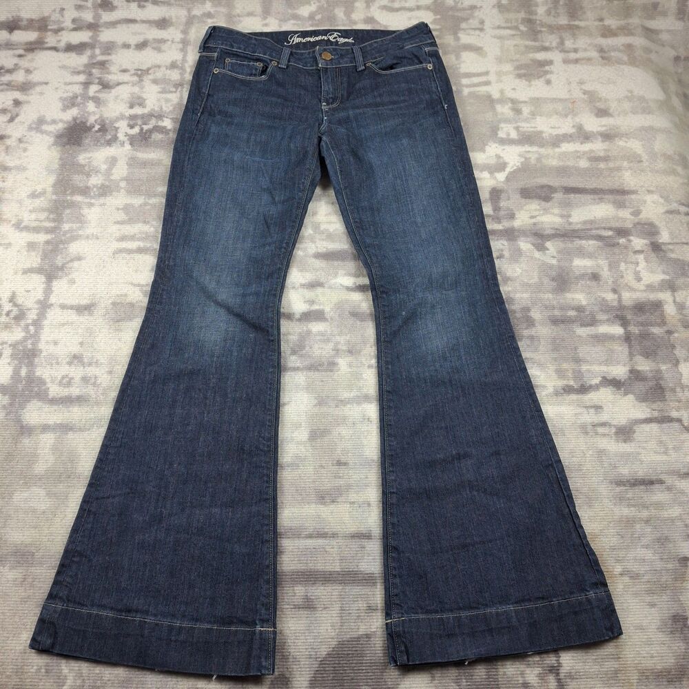 American Eagle Womens Flare Jeans Dark Wash Blue Denim Wide Hem Boho Size 10